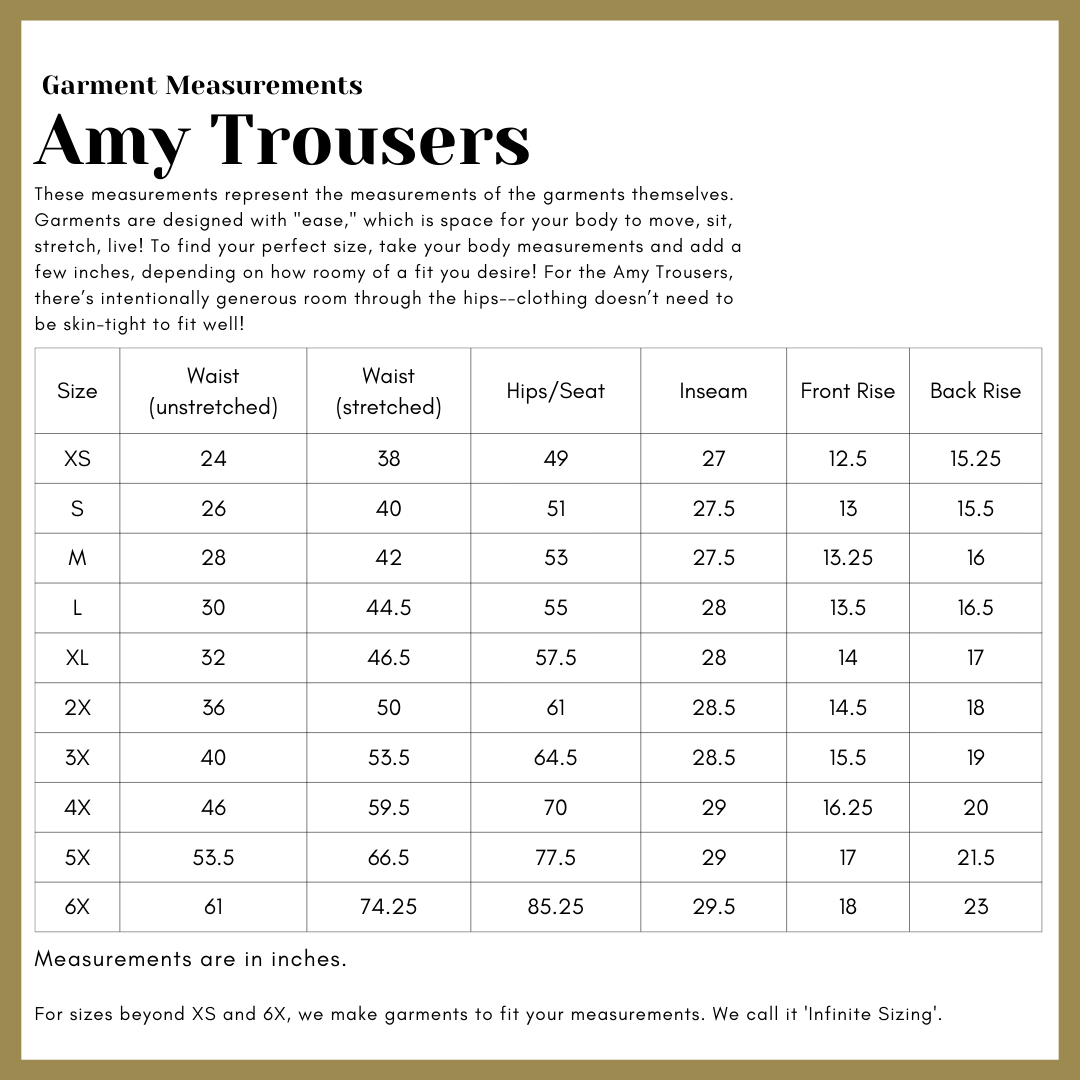 Measurement chart for Amy Trousers with size chart and garment measurements.