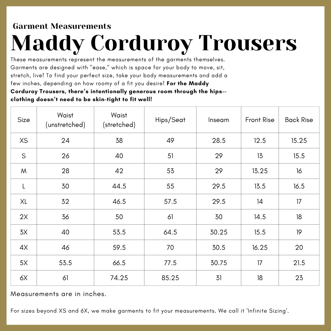 A measurement chart for Maddy Corduroy Trousers, showing body measurements in inches for sizes XS through 6X in a table format on a beige background with black text.