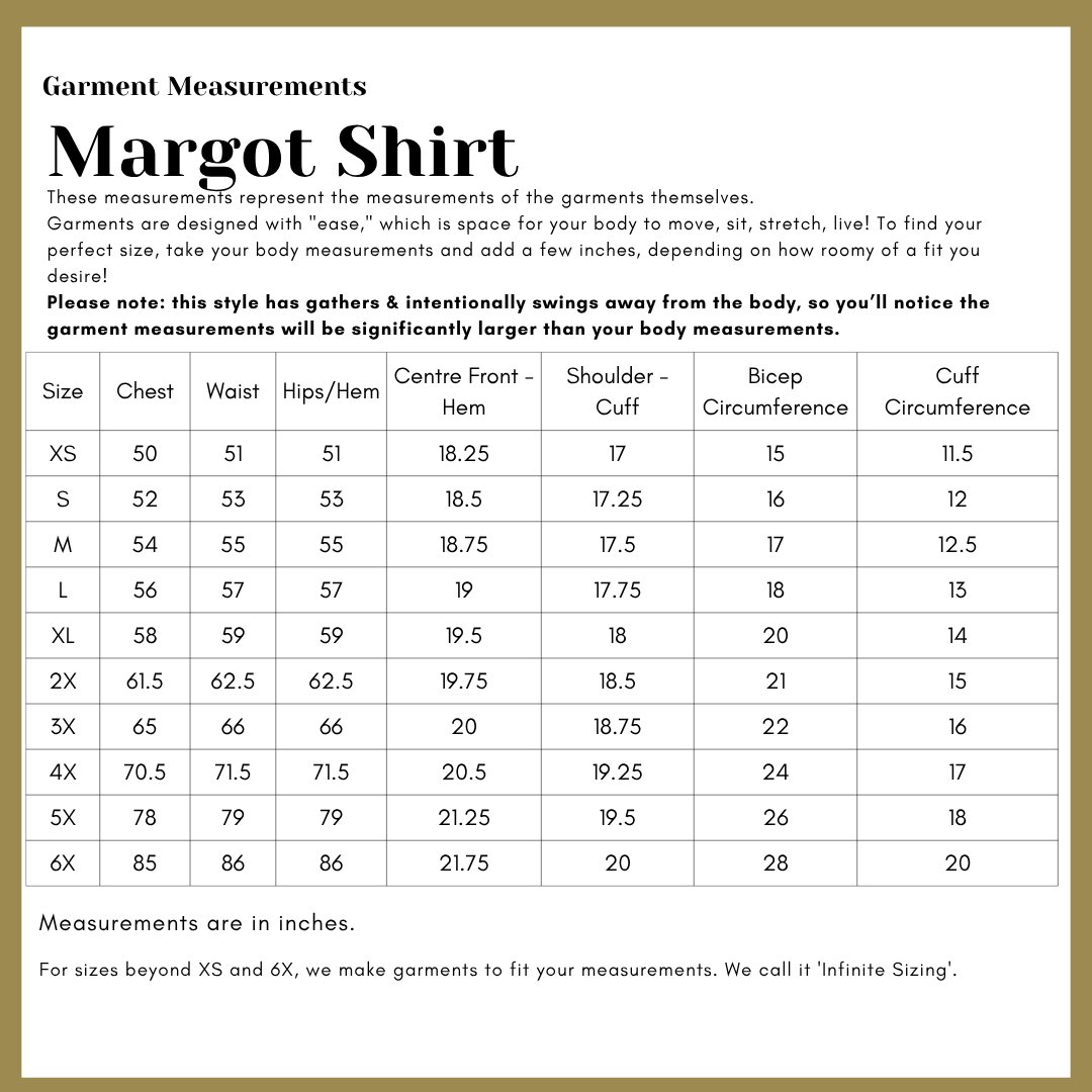 Garment measurements chart for Margot Shirt with gold border