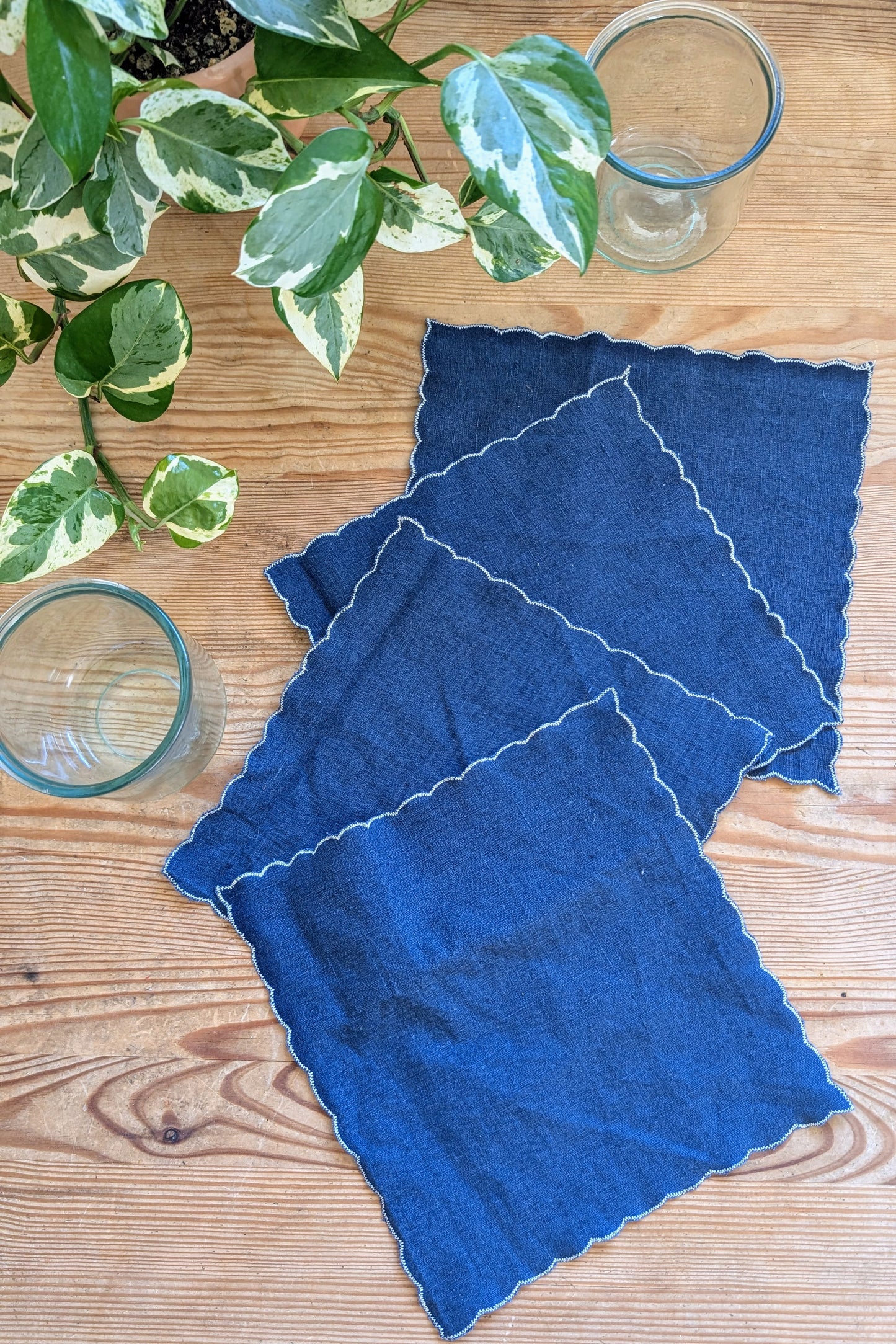 Indigo Blue Linen Scalloped-Edge Cocktail Napkins