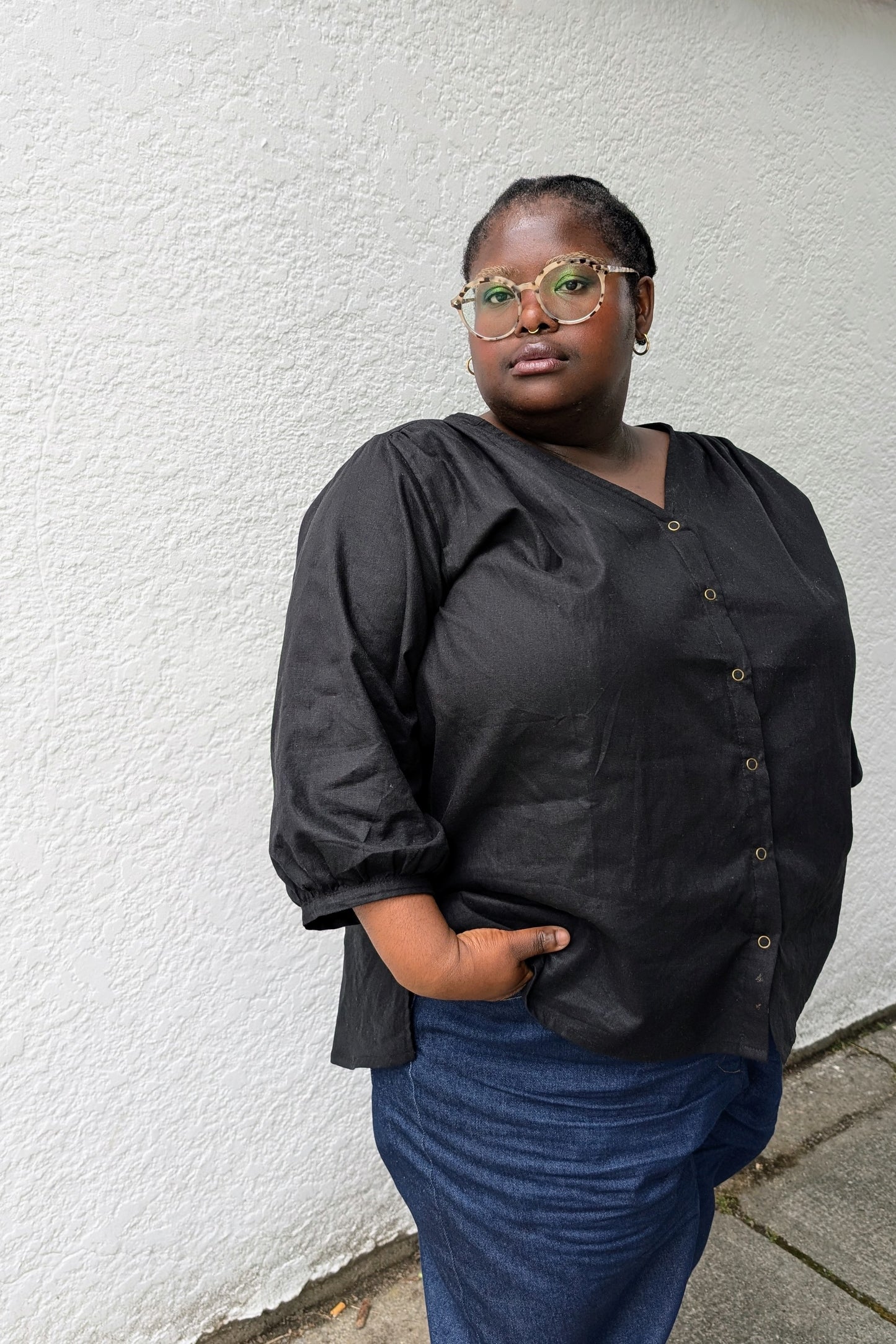 Pre-Order: Margot V Neck Shirt in Black Cotton-Linen