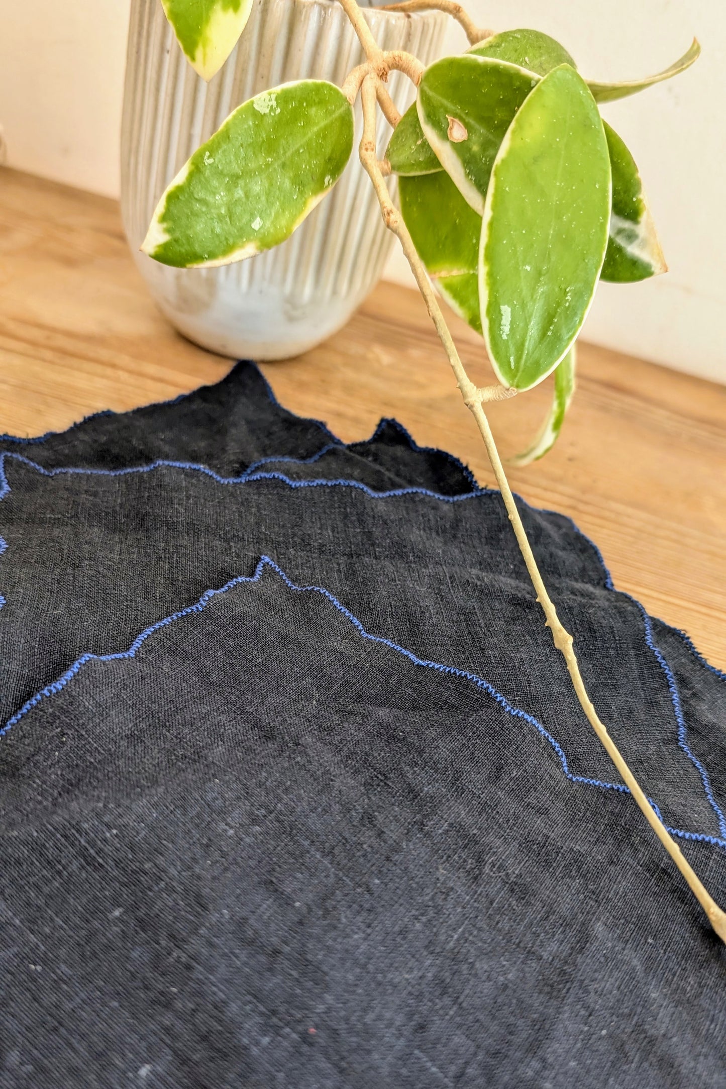 Black Linen with Cobalt Blue Scalloped-Edge Cocktail Napkins