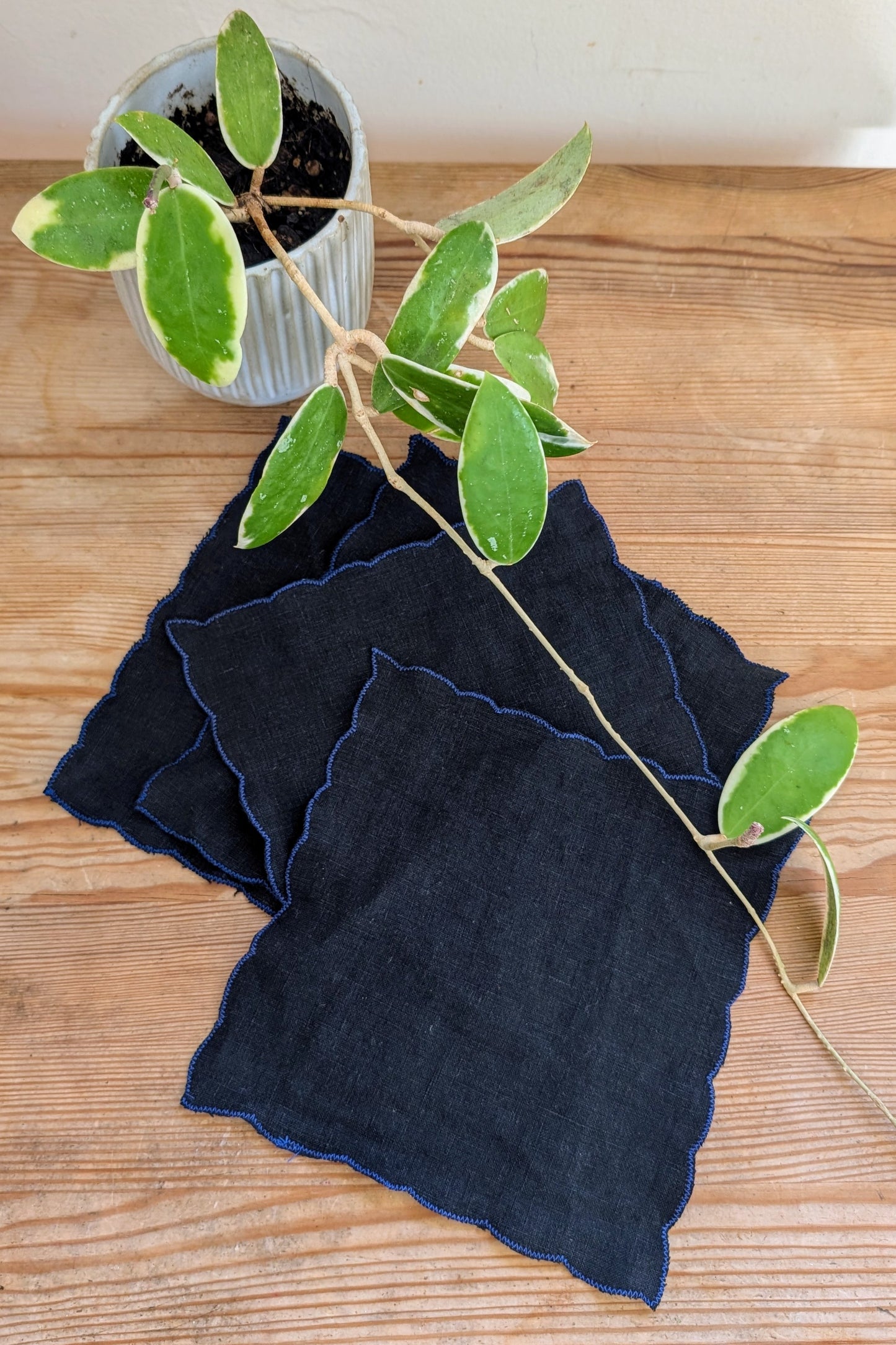 Black Linen with Cobalt Blue Scalloped-Edge Cocktail Napkins