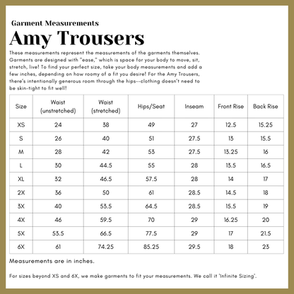 Measurement chart for Amy Trousers with size chart and garment measurements.