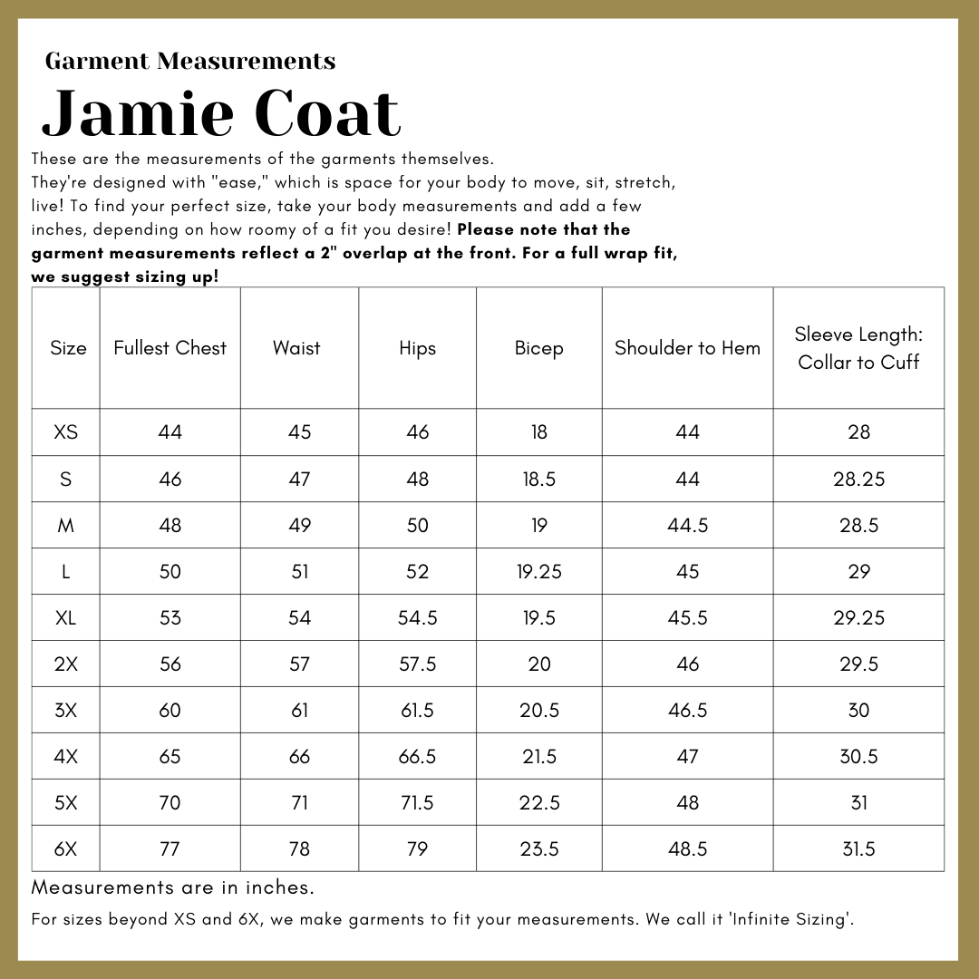 Jamie Coat Size Chart by Connally Goods