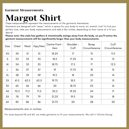 Garment measurements chart for Margot Shirt with gold border