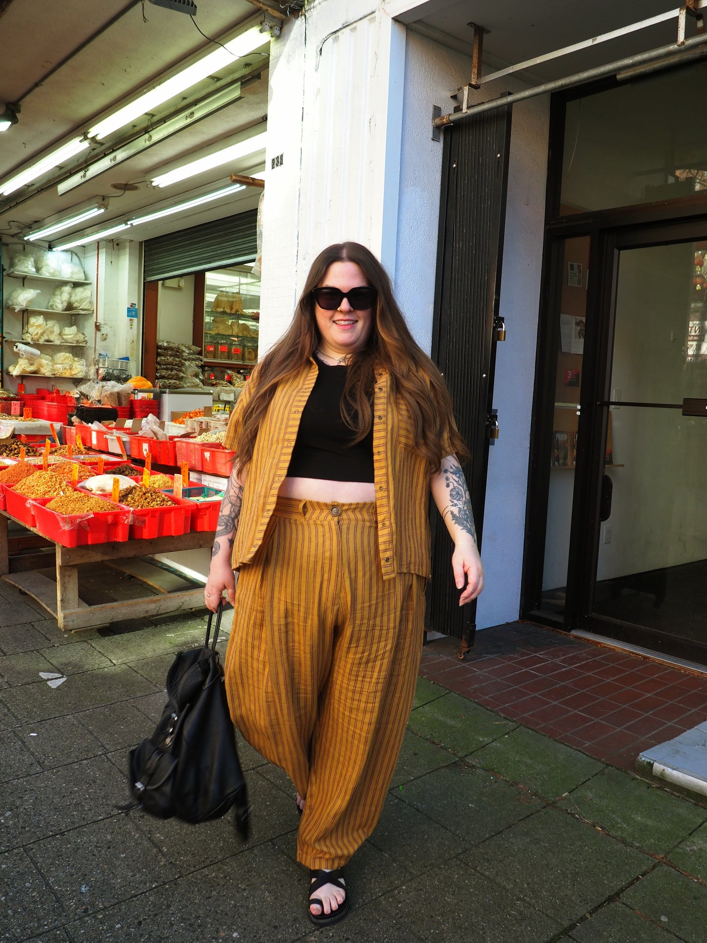 Amy Trousers in Amber Stripe Cotton-Linen