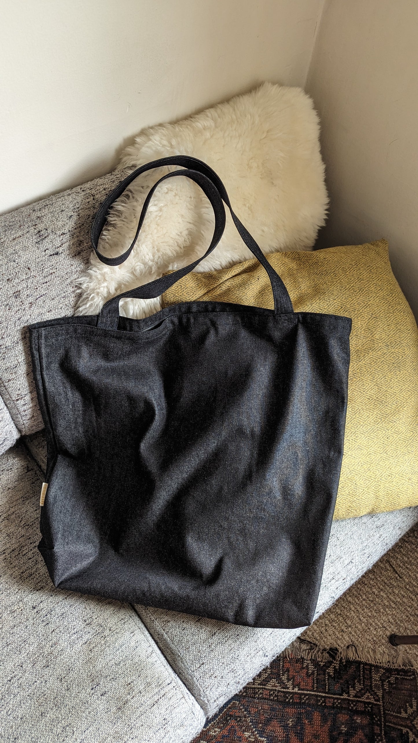 Japanese Raw Denim Haul-All Tote Bag with Extra-Long Strap (Charcoal) by Connally Goods