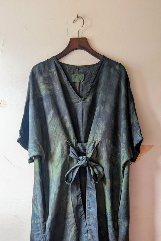 Lee Caftan Dress with Sash in Hand-Dyed Emerald-Indigo Tencel (Sample Sale, size XS/S)