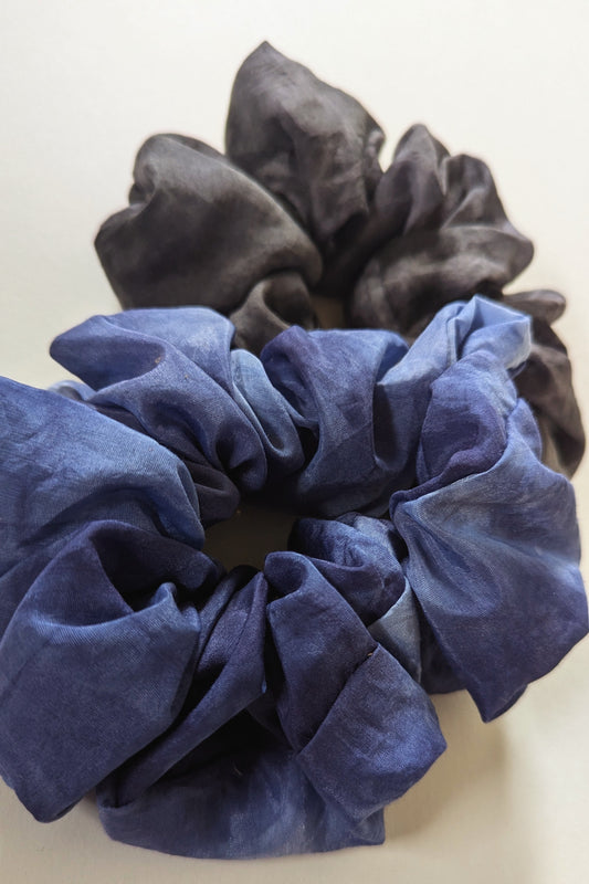 Smoke & Indigo Hand-Dyed Silk Scrunchie Set