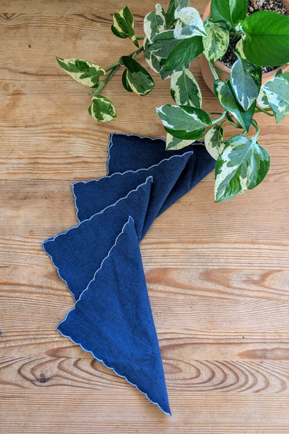 Indigo Blue Linen Scalloped-Edge Cocktail Napkins