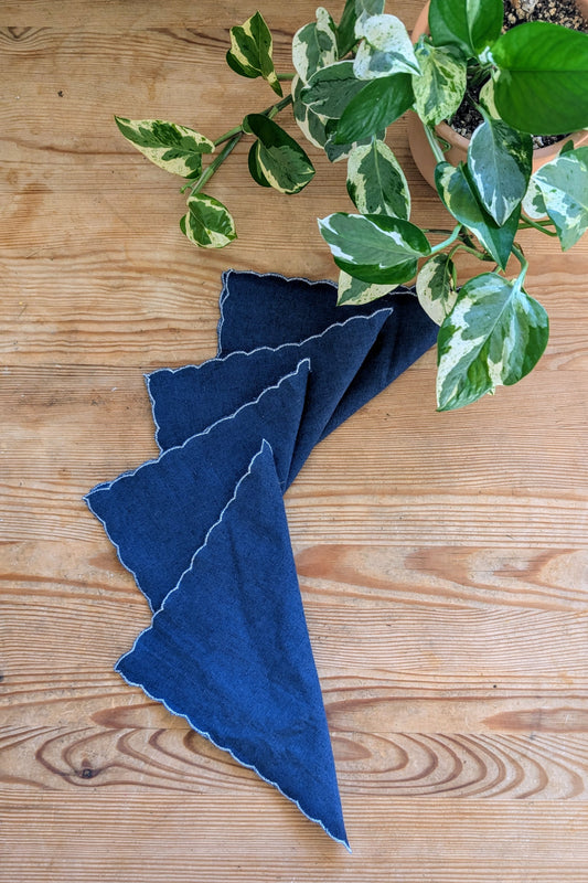 Indigo Blue Linen Scalloped-Edge Cocktail Napkins