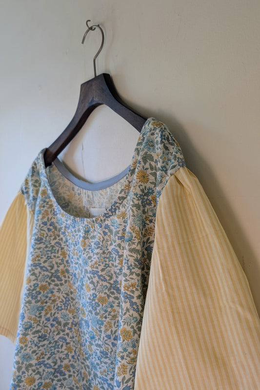 Penny Shirt with Puffed Sleeves in Blue-Green Floral with Striped Yellow Sleeves in Vintage Cotton (Sample Sale, Size 4X)