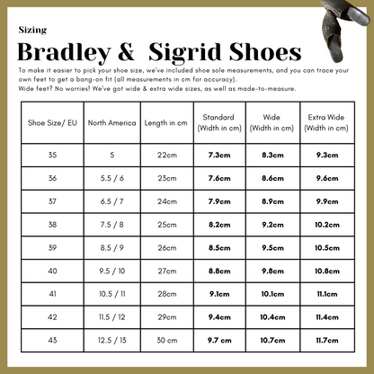 Bradley Shoes in Brown Leather sizing chart