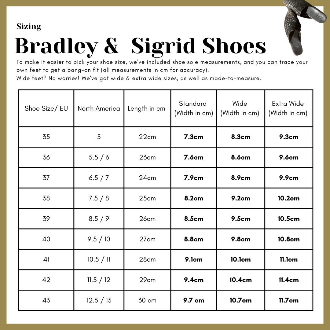 Bradley Shoes in Black Leather sizing chart