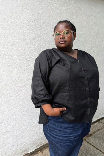 Pre-Order: Margot V Neck Shirt in Black Cotton-Linen