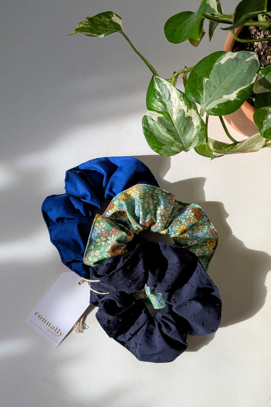 Cobalt, Navy Blue Swiss Dot & Green Floral Cotton Scrunchie Trio by Connally Goods