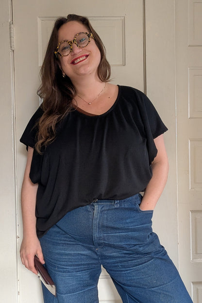 Black Knit Slouch Top in Cotton-Bamboo Blend