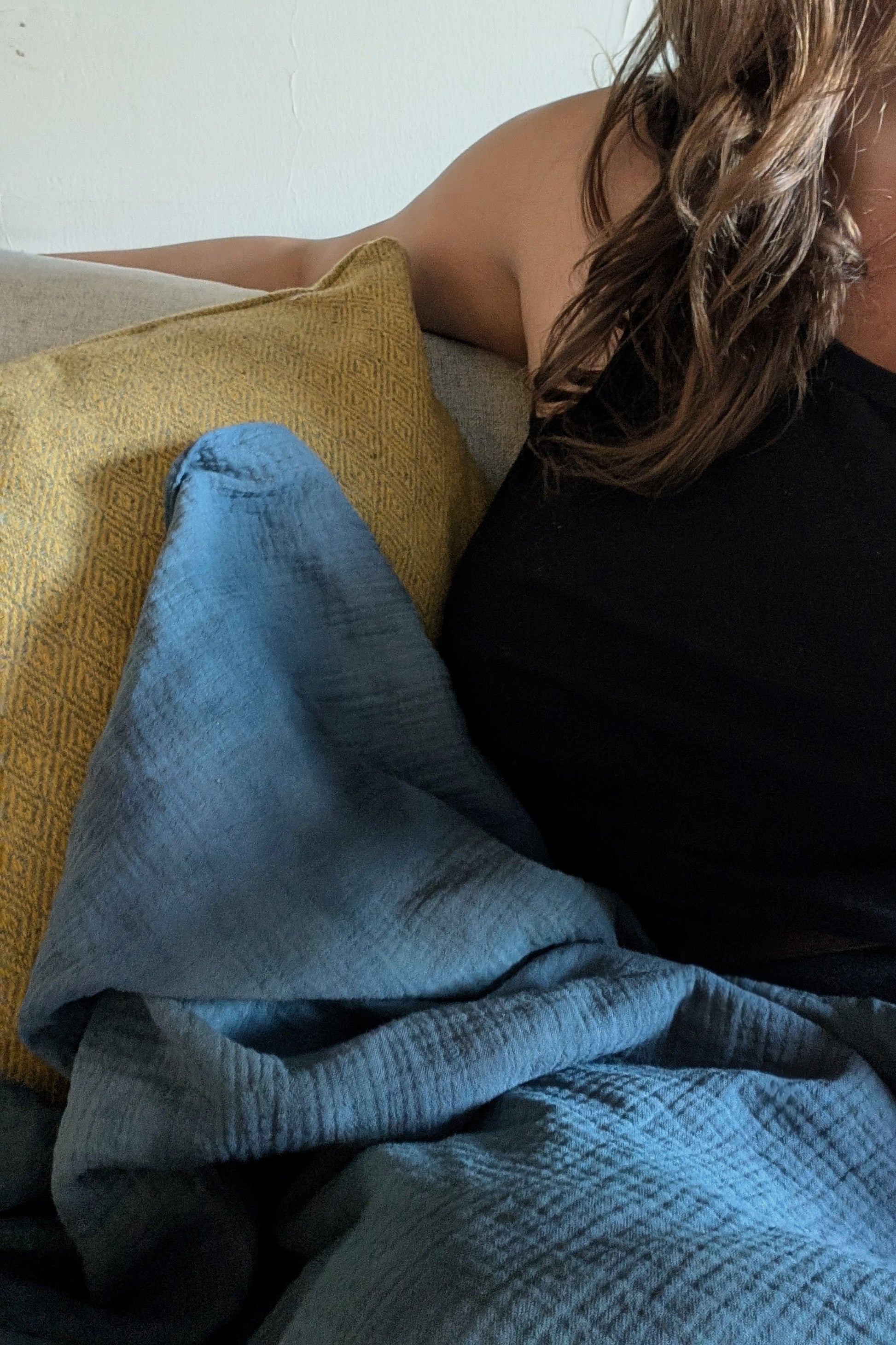 Hand Dyed Double Gauze Cotton Throw Blankets in Smoky Indigo by Connally Goods