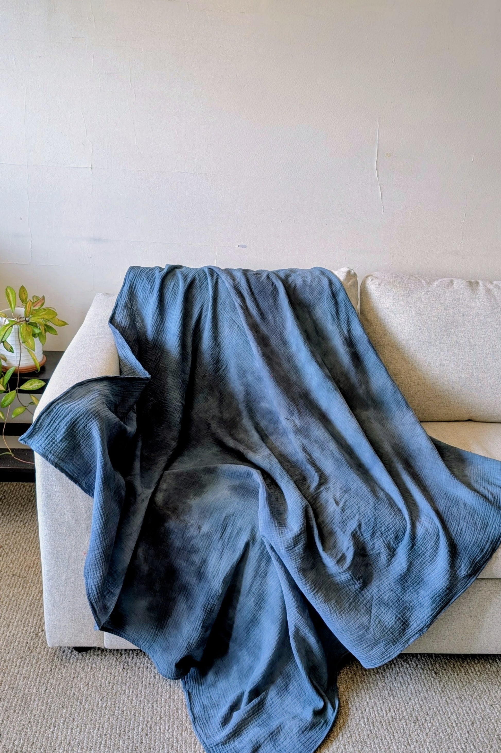 Hand Dyed Double Gauze Cotton Throw Blankets in Smoky Indigo by Connally Goods