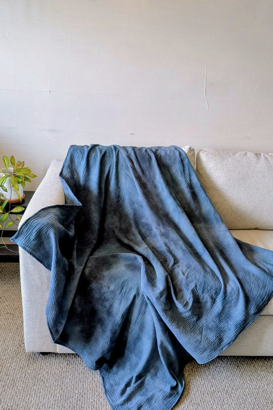 Hand Dyed Double Gauze Cotton Throw Blankets in Smoky Indigo by Connally Goods