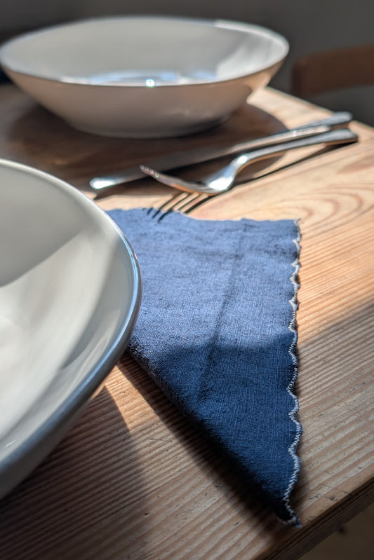 Indigo Blue Linen Scalloped-Edge Cocktail Napkins
