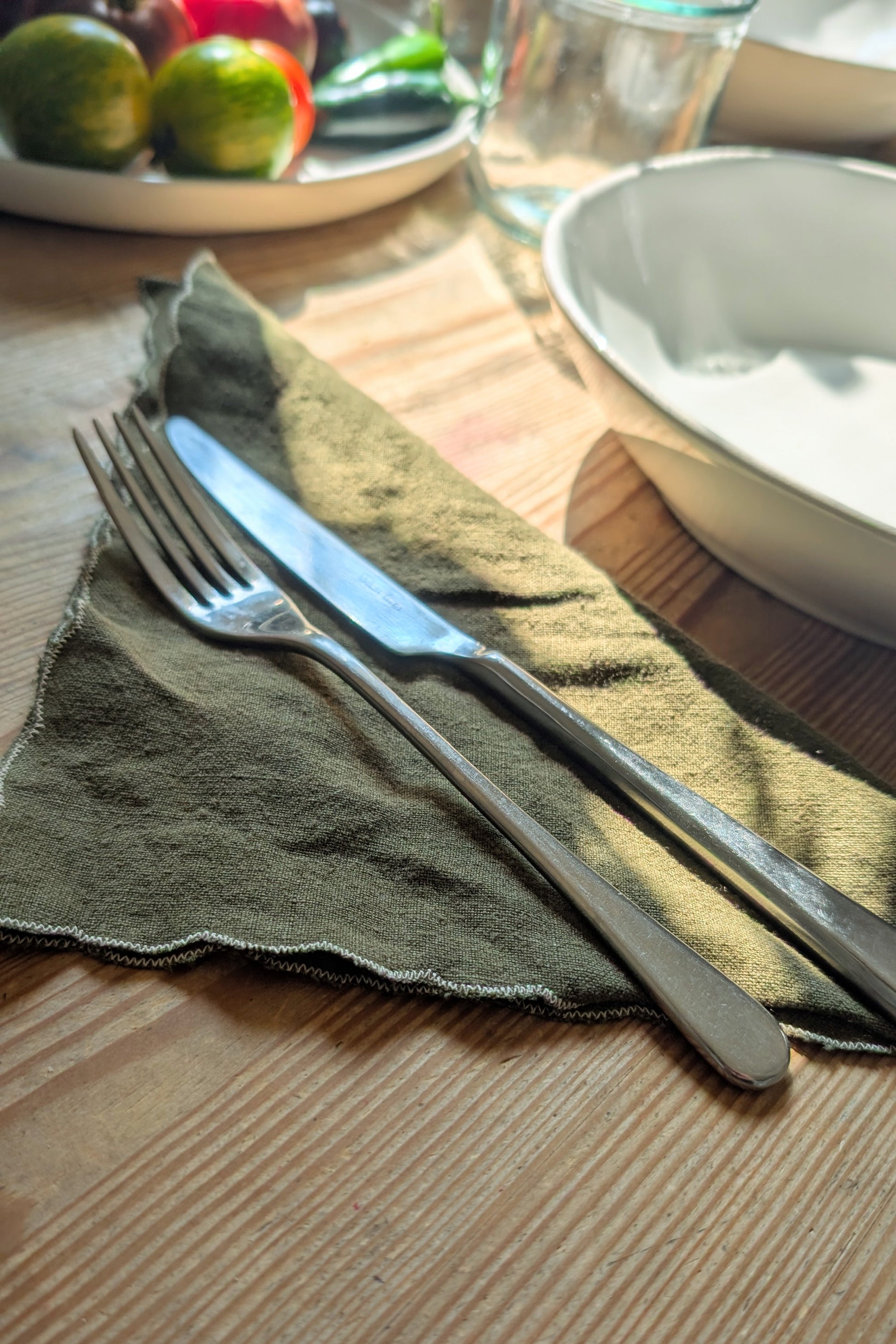 Olive Green Linen Scalloped-Edge Cocktail Napkins by Connally Goods