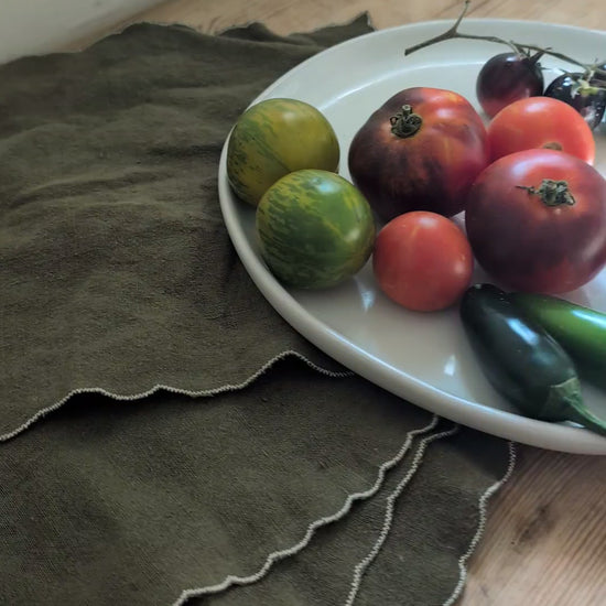 Olive Green Linen Scalloped-Edge Cocktail Napkins by Connally Goods