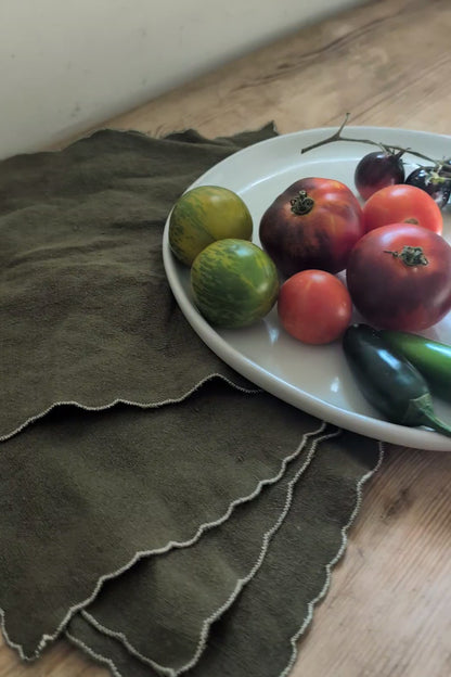 Olive Green Linen Scalloped-Edge Cocktail Napkins by Connally Goods