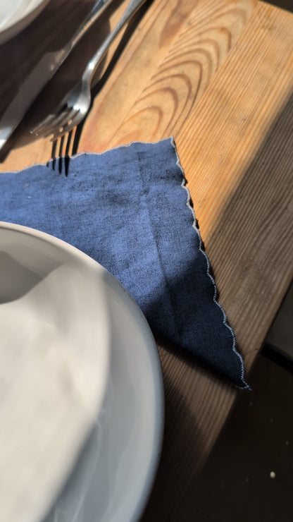 Indigo Blue Linen Scalloped-Edge Cocktail Napkins