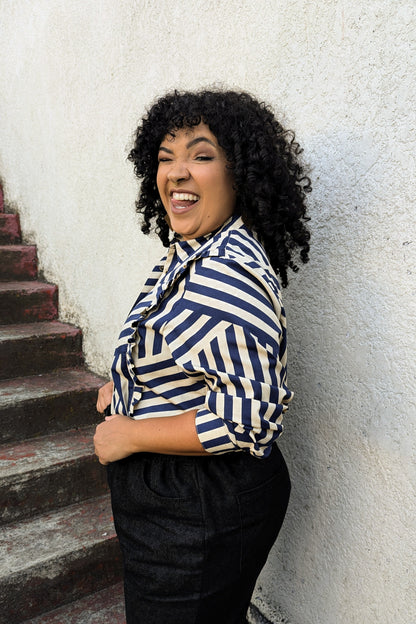 Andy Shirt in Juxtaposed Navy Stripe Cotton Poplin