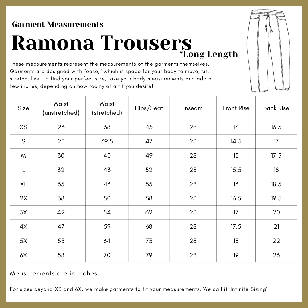 Ramona Utility Trousers (Long) - Pebble Grey Japanese Raw Denim Sizing guide