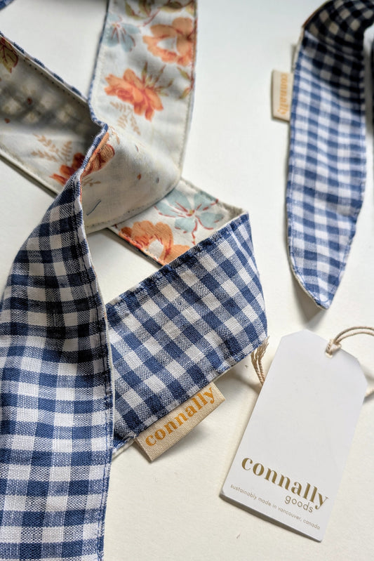 Hannah Ascot Scarf in Blue Gingham & Retro Floral Cotton (Two-Tone)
