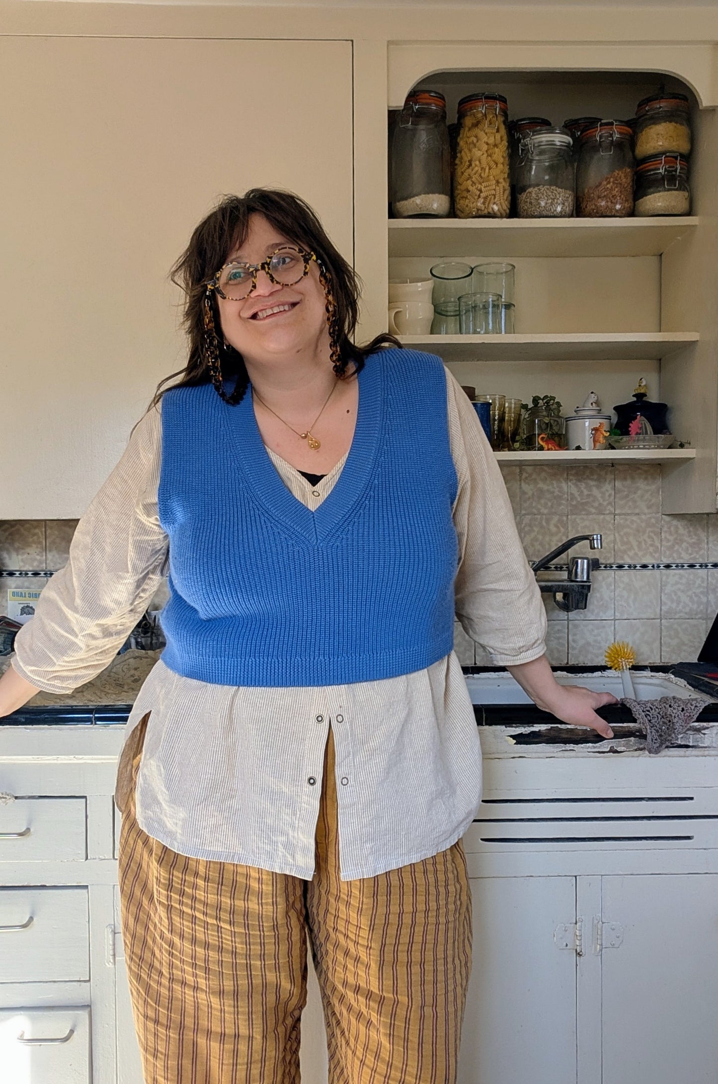 Margot V Neck Shirt in Striped Cotton-Linen