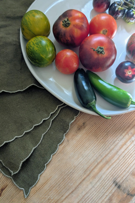 Olive Green Linen Scalloped-Edge Cocktail Napkins by Connally Goods