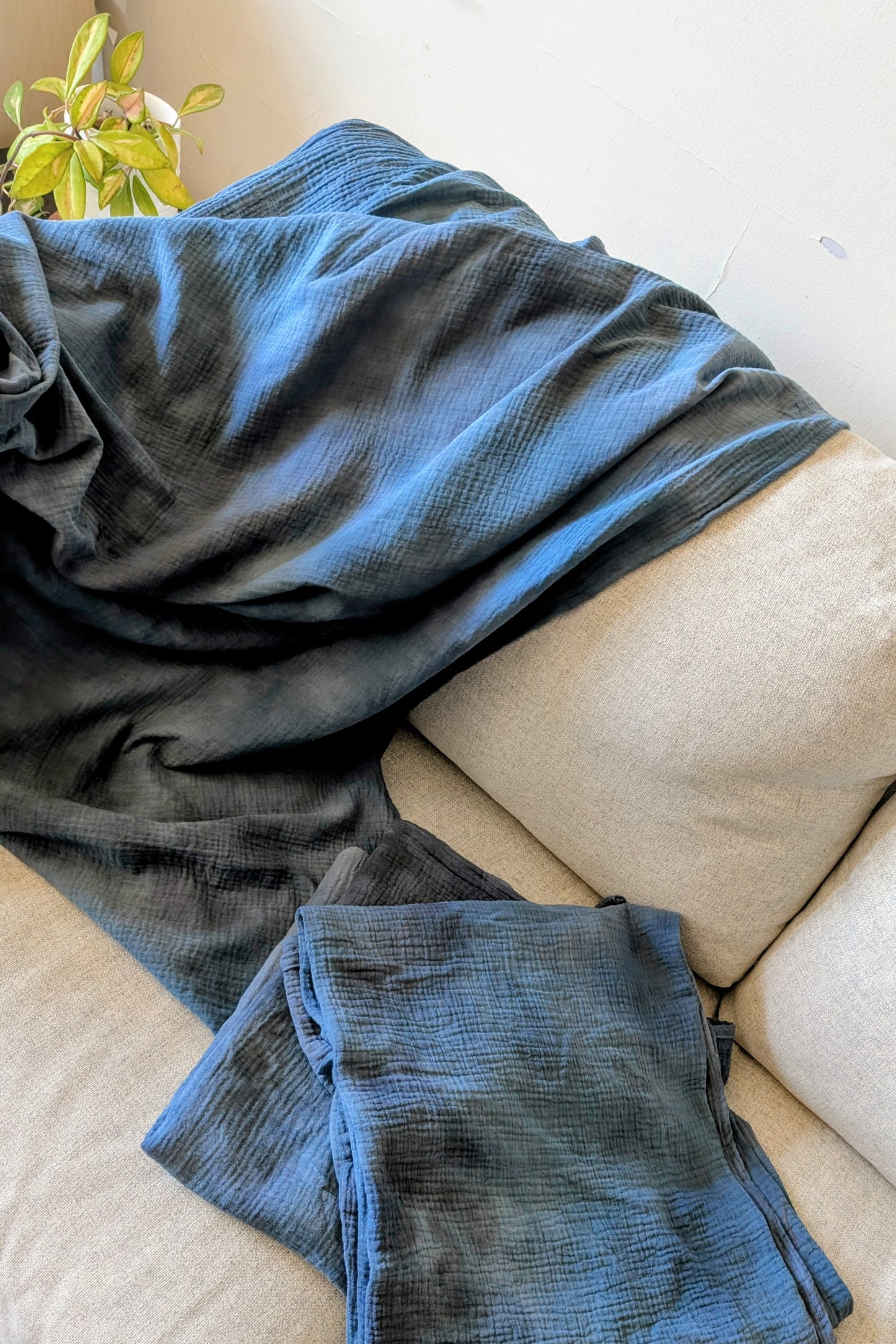 Hand Dyed Double Gauze Cotton Throw Blankets in Smoky Indigo by Connally Goods
