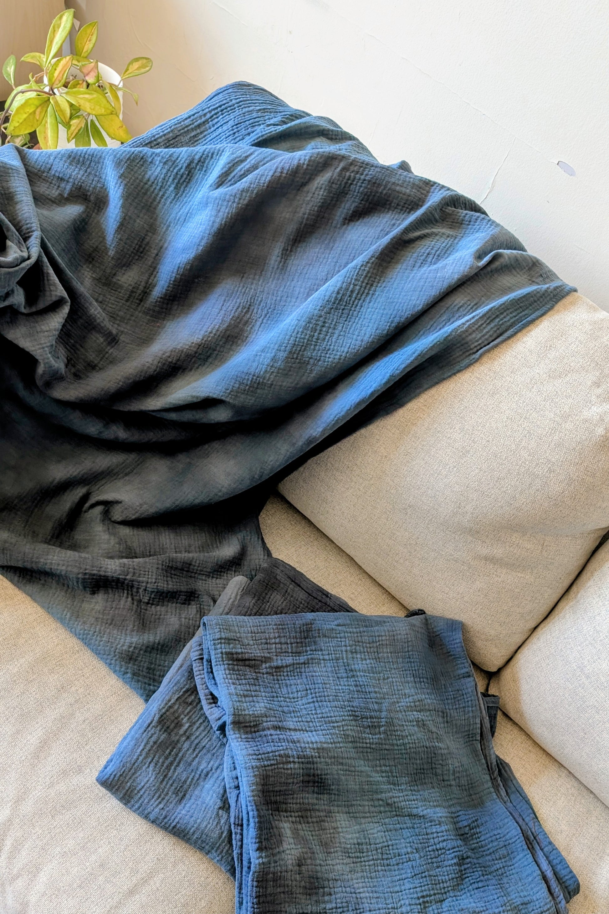 Hand Dyed Double Gauze Cotton Throw Blankets in Smoky Indigo by Connally Goods
