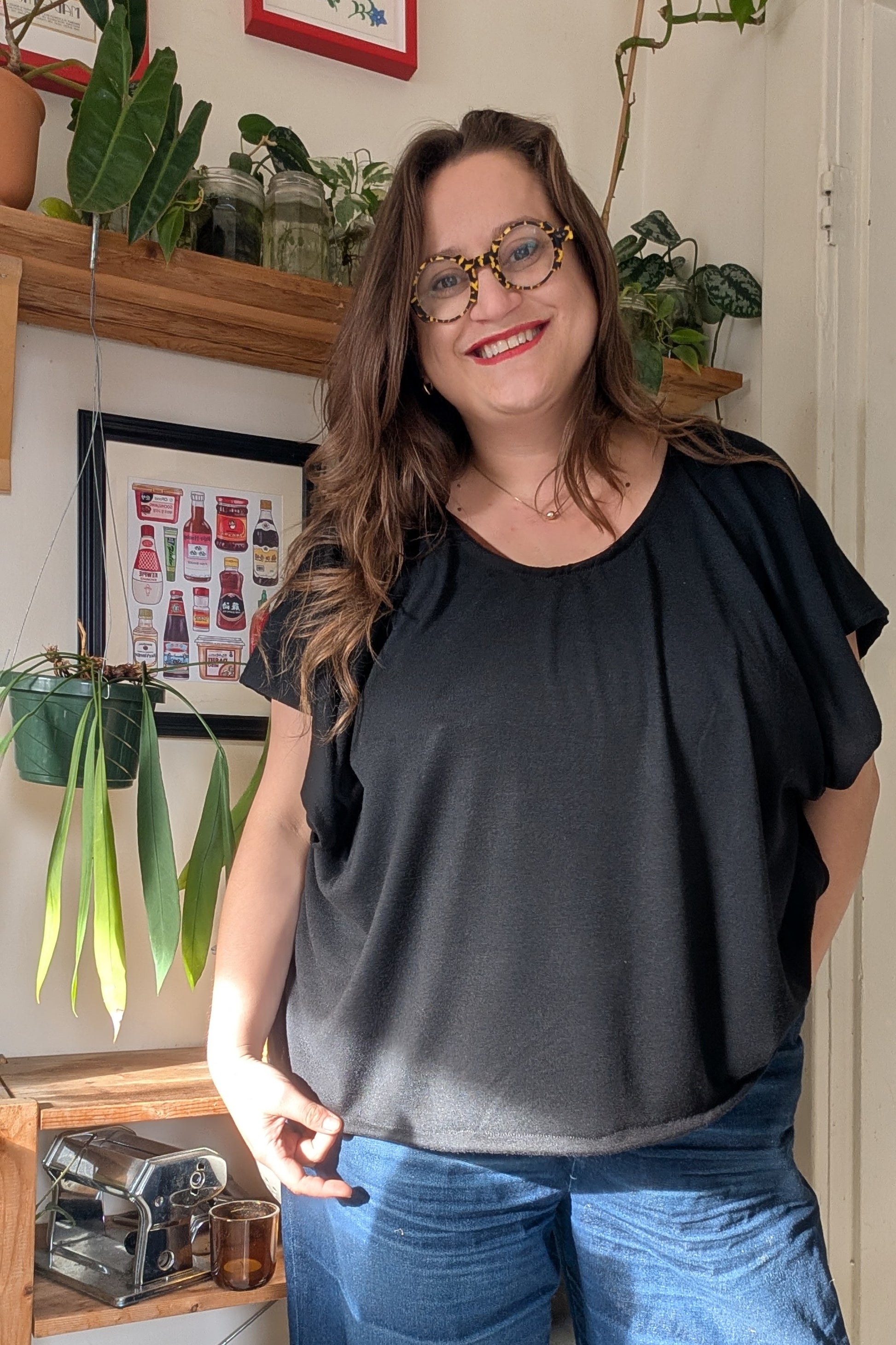 Black Knit Slouch Top in Cotton-Bamboo Blend