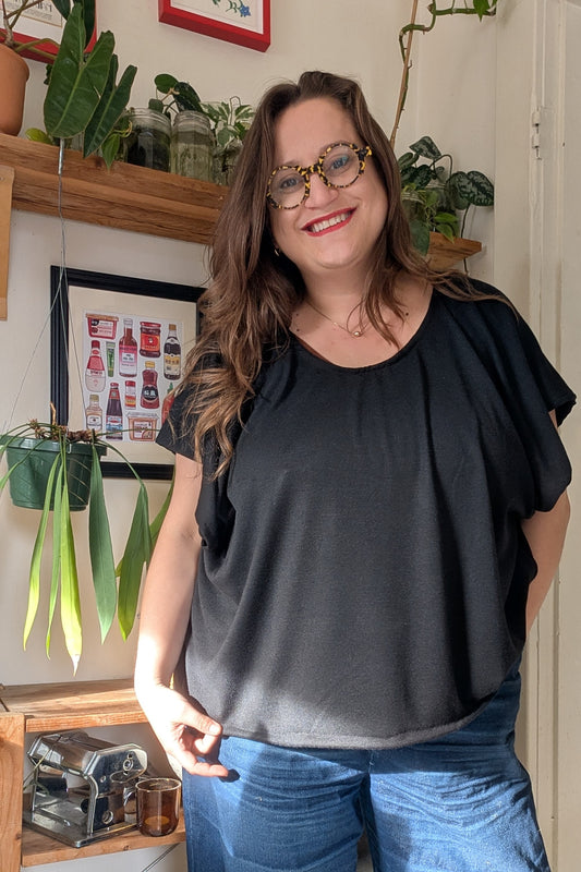 Black Knit Slouch Top in Cotton-Bamboo Blend