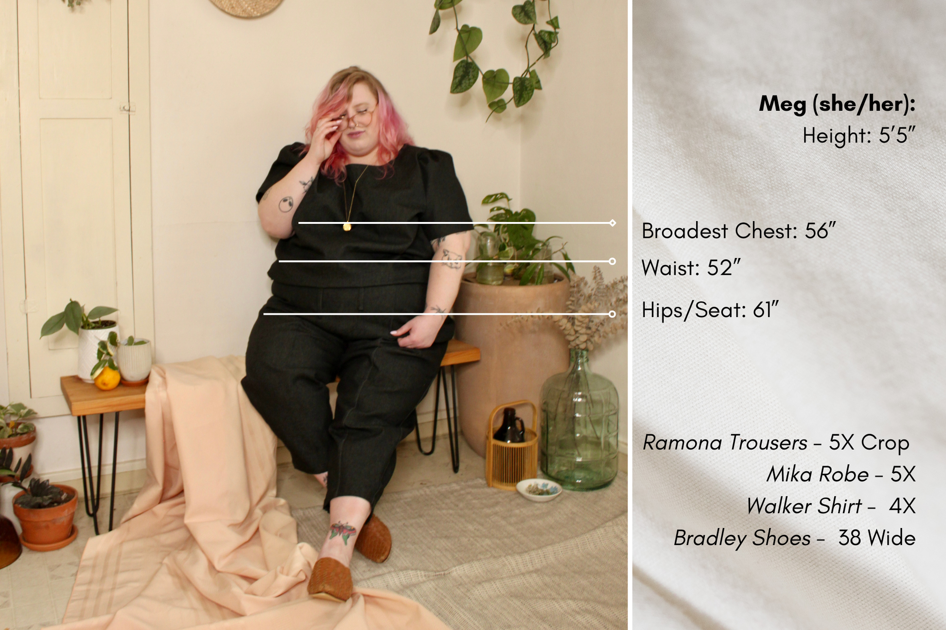 Meg models in a seated position, where to take the three main measurements – the broadest part of the chest, the waist and the hips/ seat.